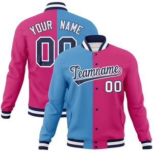 Custom Light Blue Red-Navy Varsity Full-Snap Letterman Two Tone Split Fashion Jacket