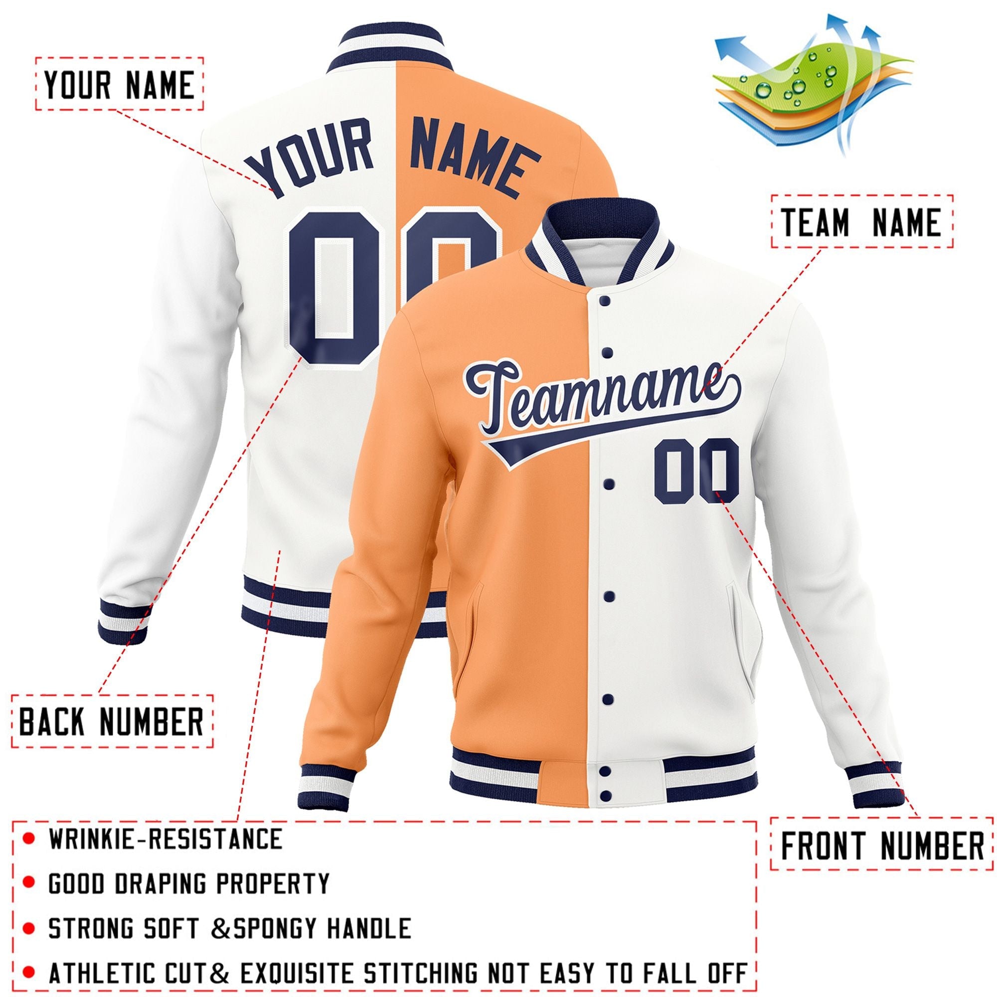 Custom Orange White-Navy Varsity Full-Snap Letterman Two Tone Split Fashion Jacket