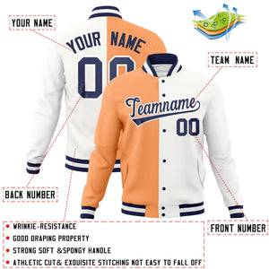 Veste de mode fendue bicolore personnalisée orange blanc-marine Varsity Full-Snap Letterman