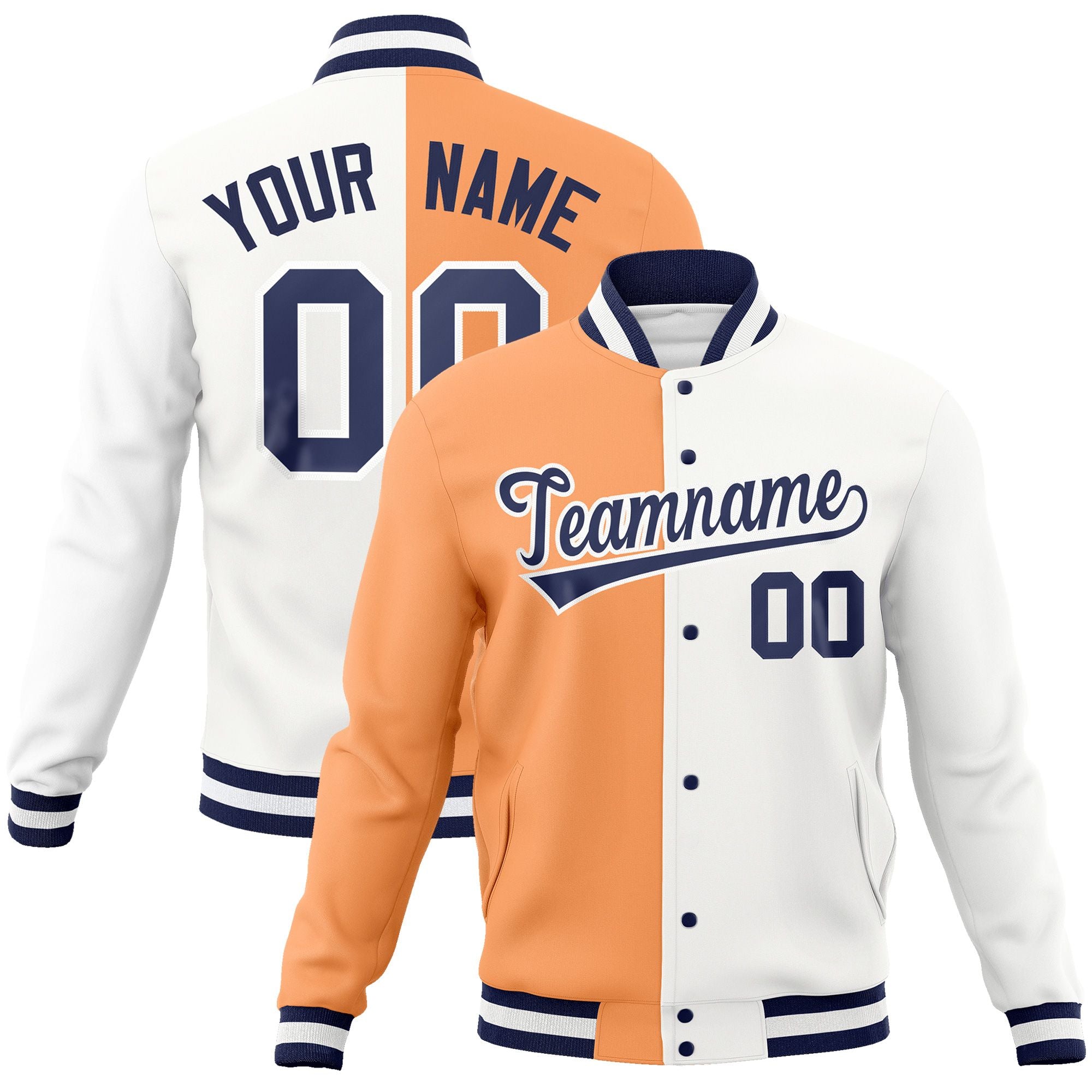 Custom Orange White-Navy Varsity Full-Snap Letterman Two Tone Split Fashion Jacket