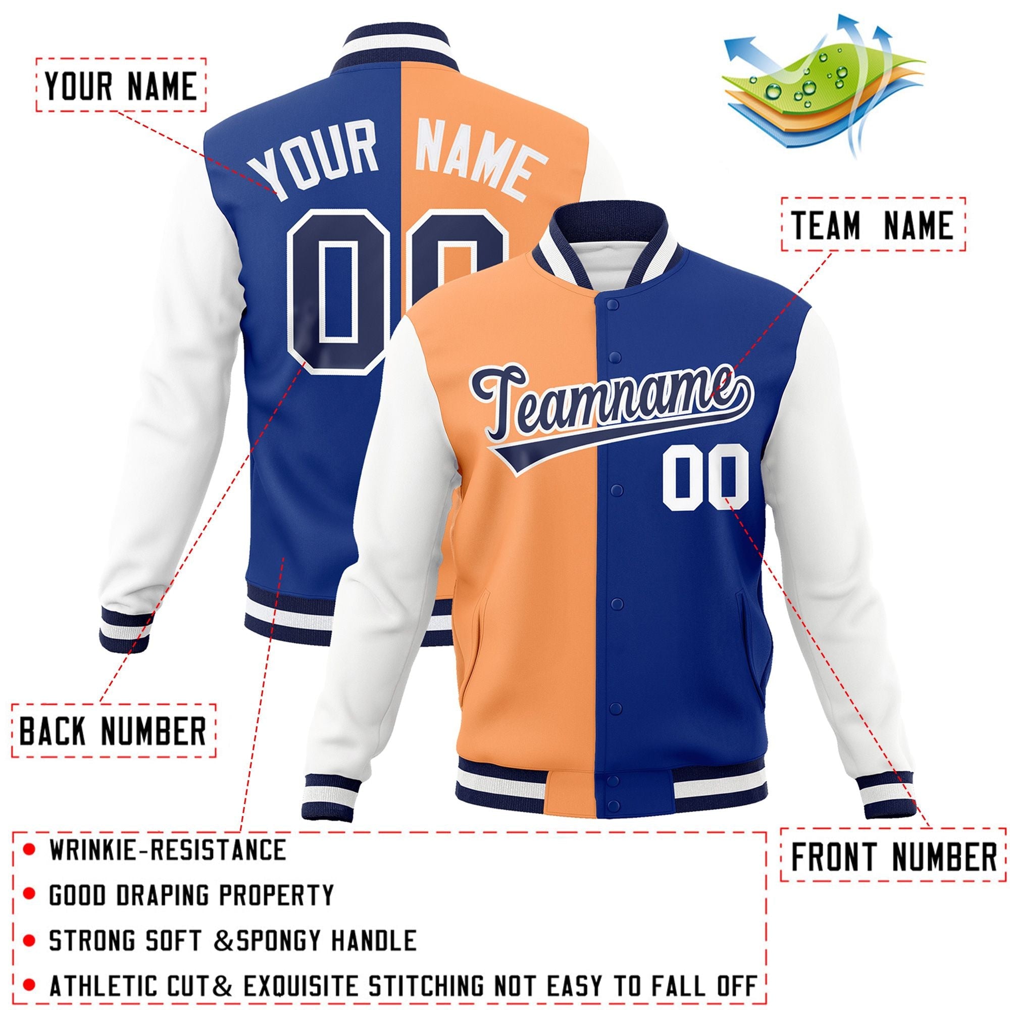 Veste de mode fendue bicolore personnalisée Orange Royal-Navy Varsity Full-Snap Letterman