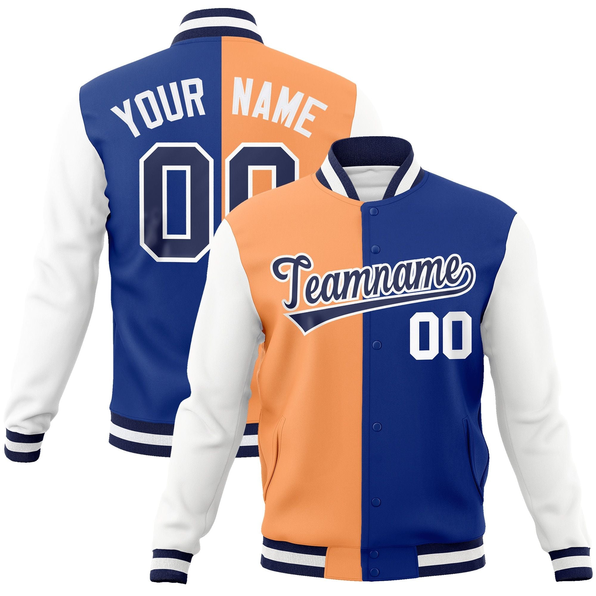 Custom Orange Royal-Navy Varsity Full-Snap Letterman Two Tone Split Fashion Jacket