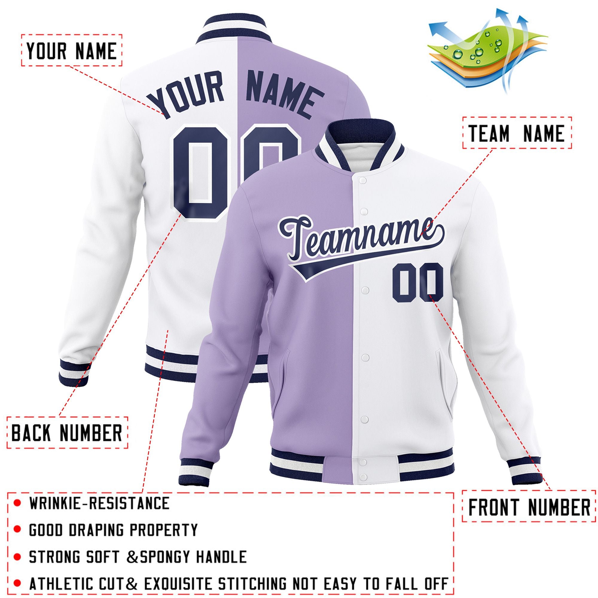 Veste de mode personnalisée à deux tons violet clair blanc-marine Varsity Full-Snap Letterman