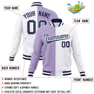 Custom Light Purple White-Navy Varsity Full-Snap Letterman Two Tone Split Fashion Jacket