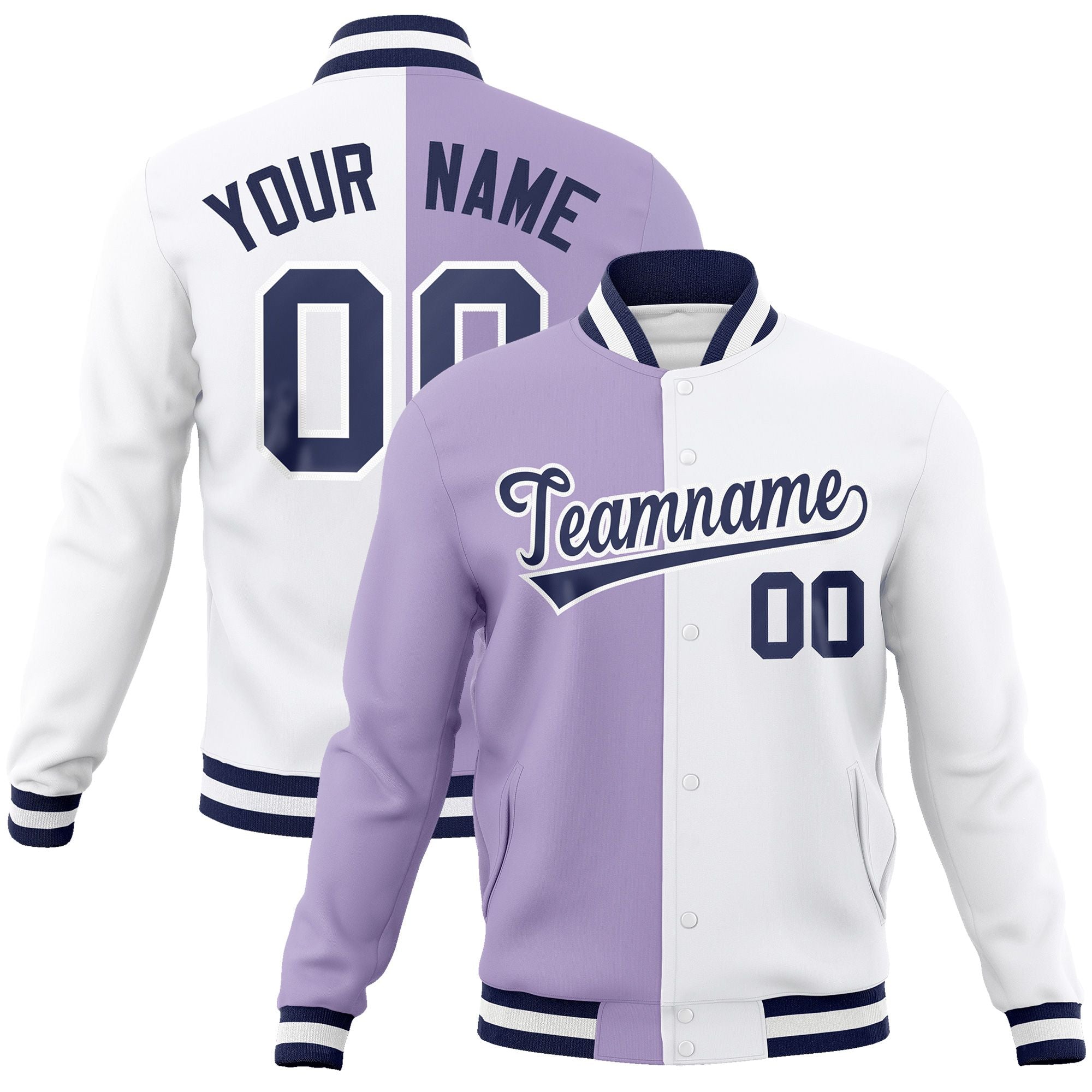 Custom Light Purple White-Navy Varsity Full-Snap Letterman Two Tone Split Fashion Jacket