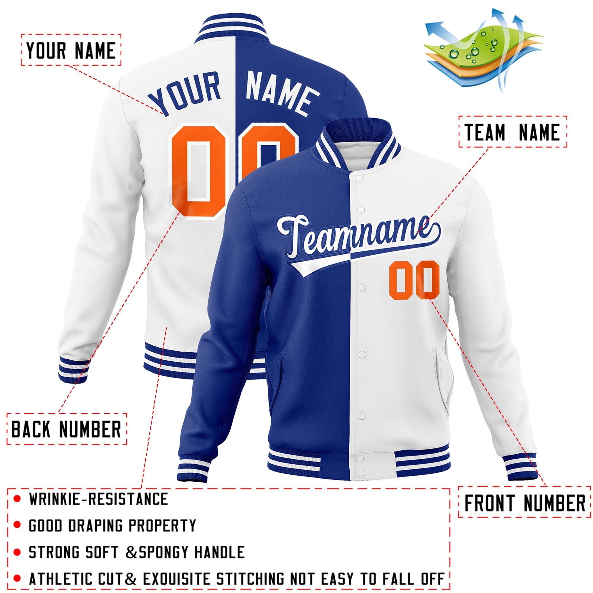 Custom Royal White-White Varsity Full-Snap Letterman Veste de mode fendue bicolore