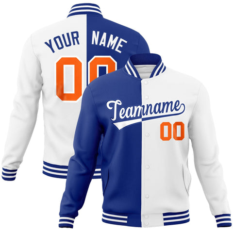 custom white and royal blue full-snap varsity bomber jackets for teams