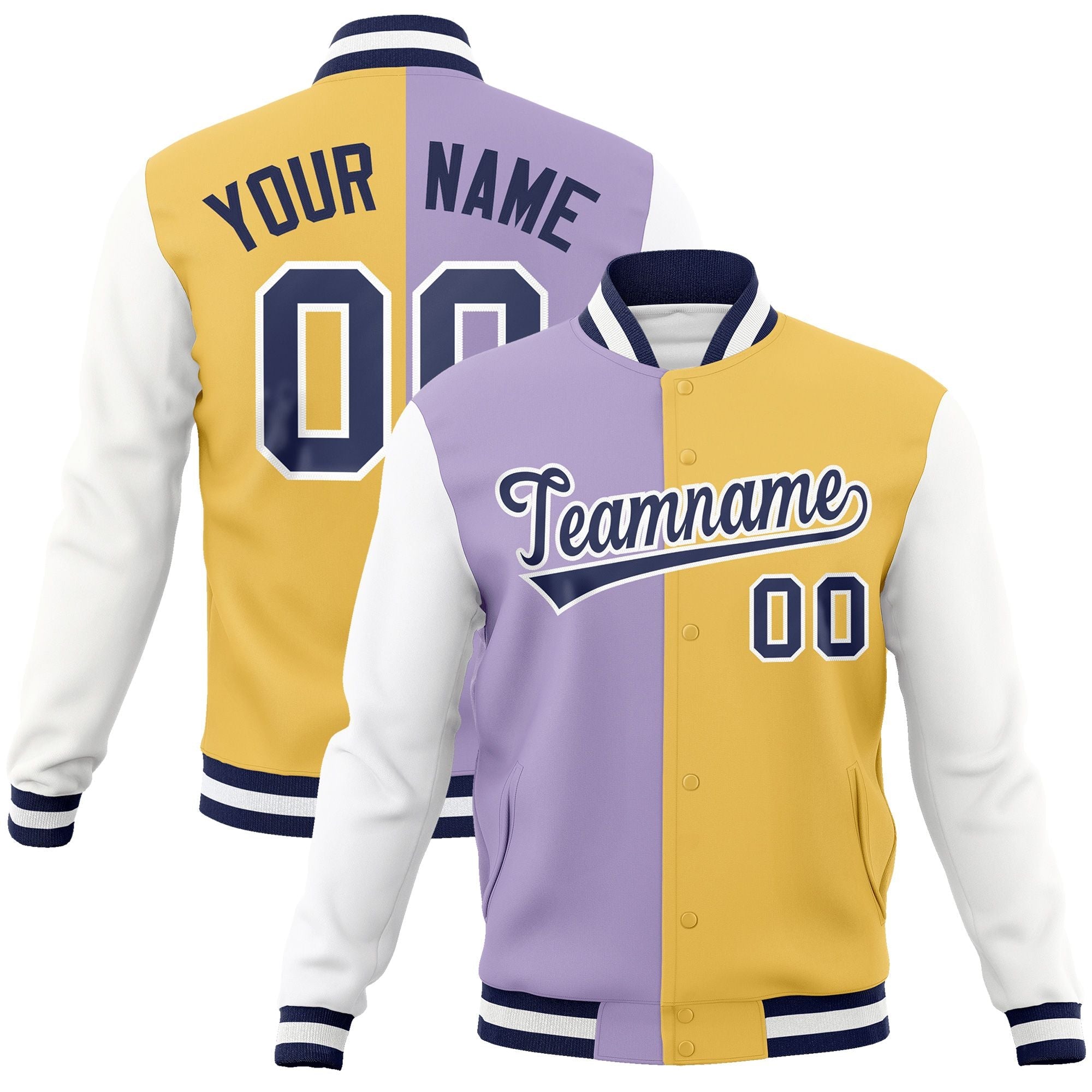 Custom Light Purple Cream-Navy Varsity Full-Snap Letterman Two Tone Split Fashion Jacket