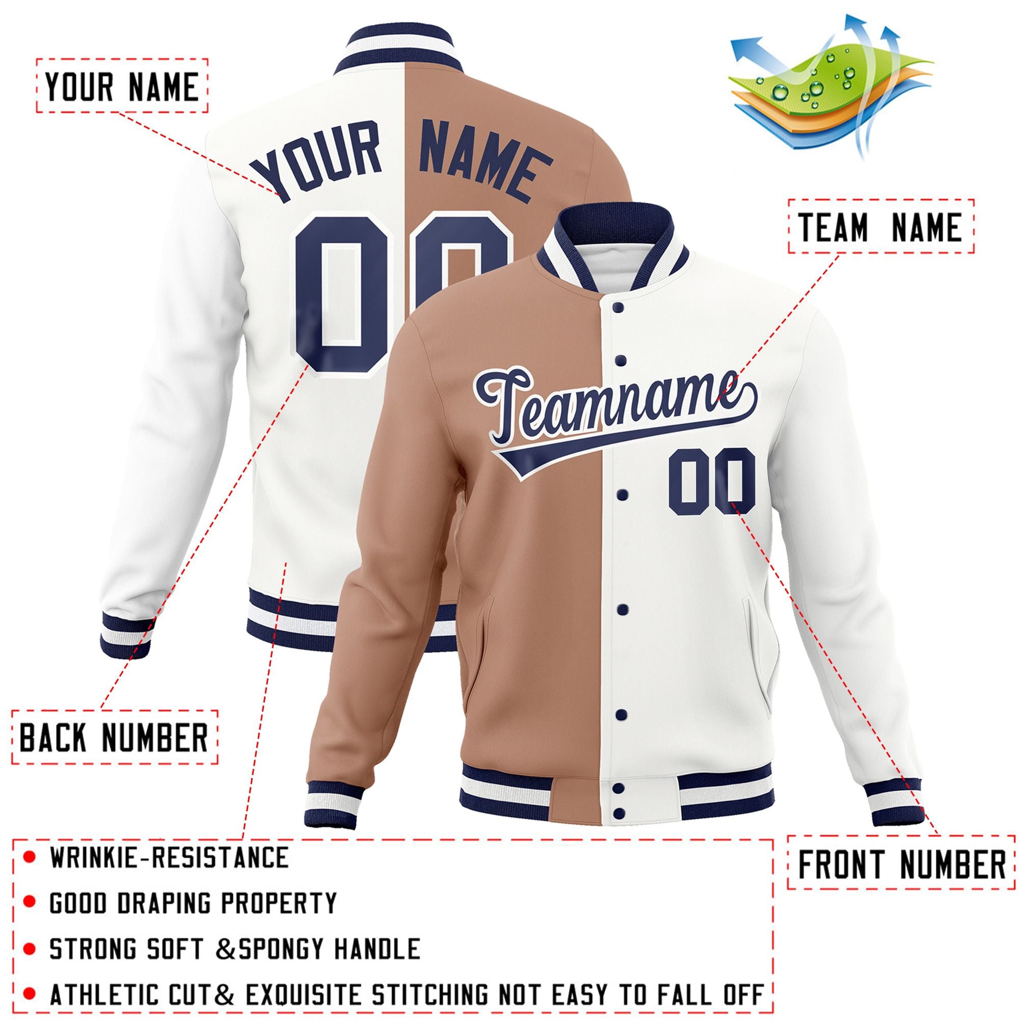 Custom Brown White-Navy Varsity Full-Snap Letterman Two Tone Split Fashion Jacket