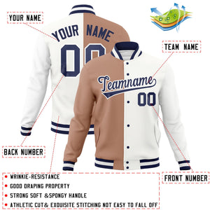 Veste de mode fendue bicolore personnalisée marron blanc-marine Varsity Full-Snap Letterman