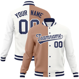 Custom Brown White-Navy Varsity Full-Snap Letterman Two Tone Split Fashion Jacket