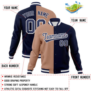 Custom Brown Navy-Navy Varsity Full-Snap Letterman Veste de mode fendue bicolore