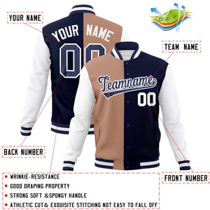 Custom Brown Navy-Navy Varsity Full-Snap Letterman Veste de mode fendue bicolore