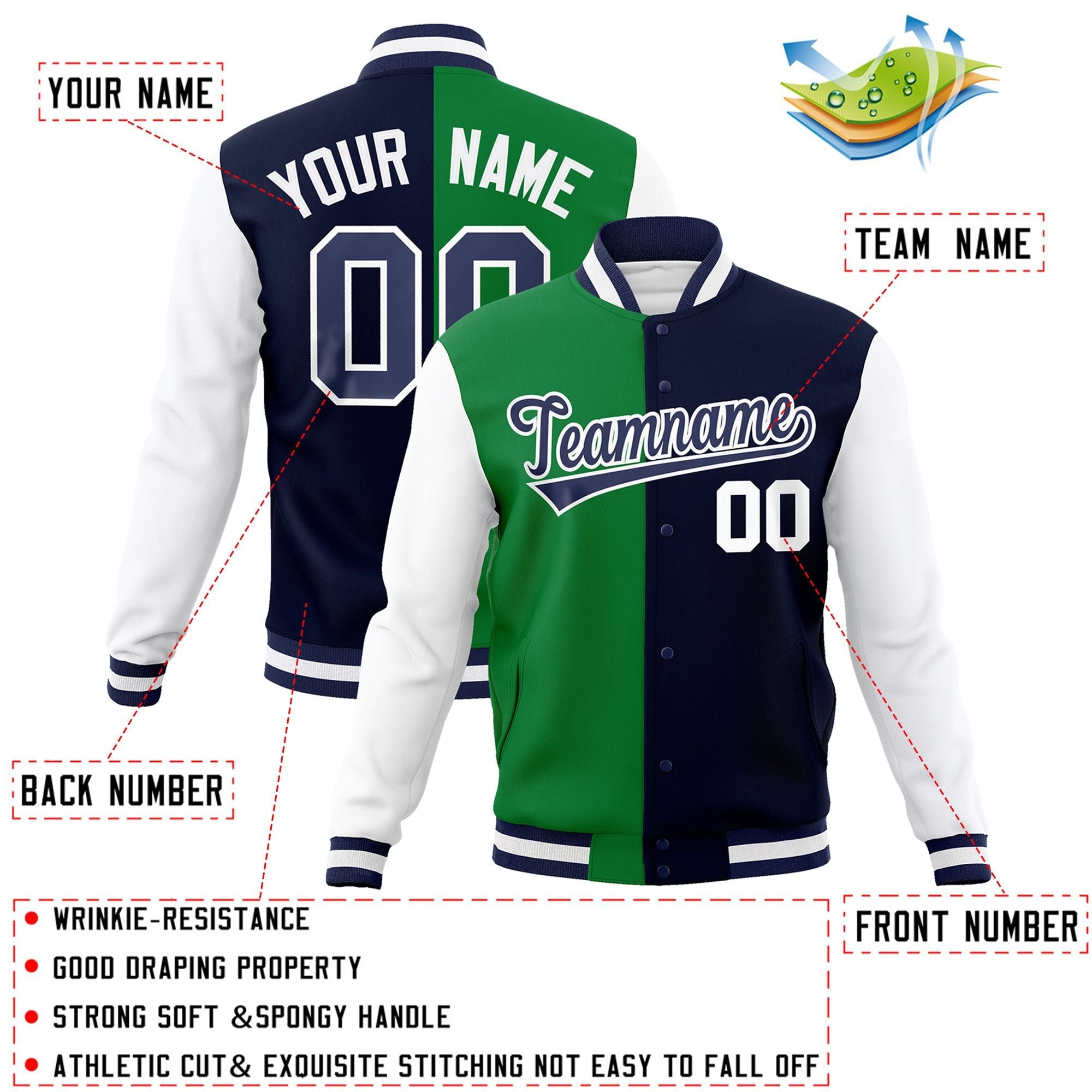 Custom Green Navy-Navy Varsity Full-Snap Letterman Two Tone Split Fashion Jacket