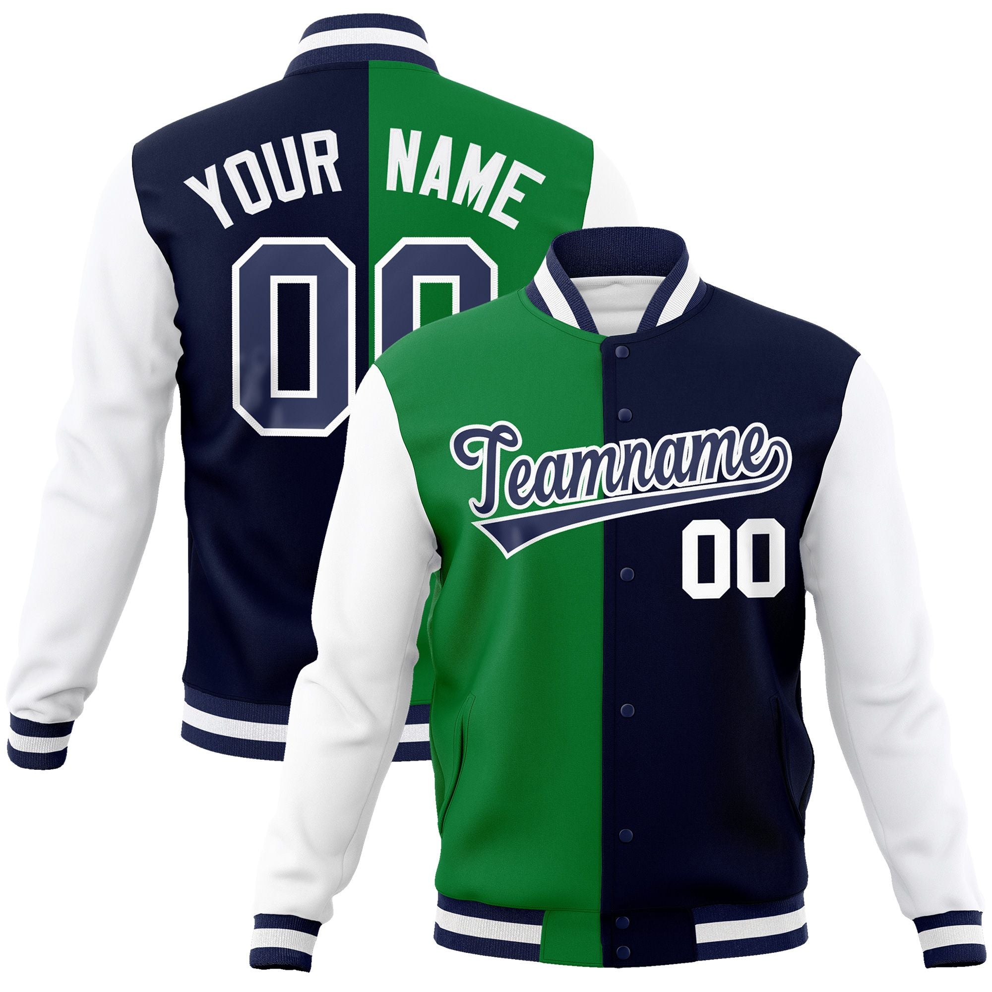 Custom Green Navy-Navy Varsity Full-Snap Letterman Two Tone Split Fashion Jacket