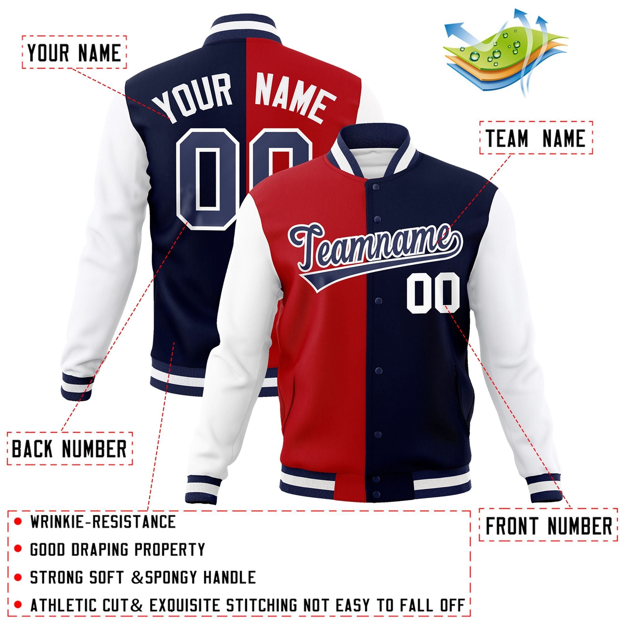 Custom Red Navy Varsity Full-Snap Letterman Two Tone Split Fashion Jacket