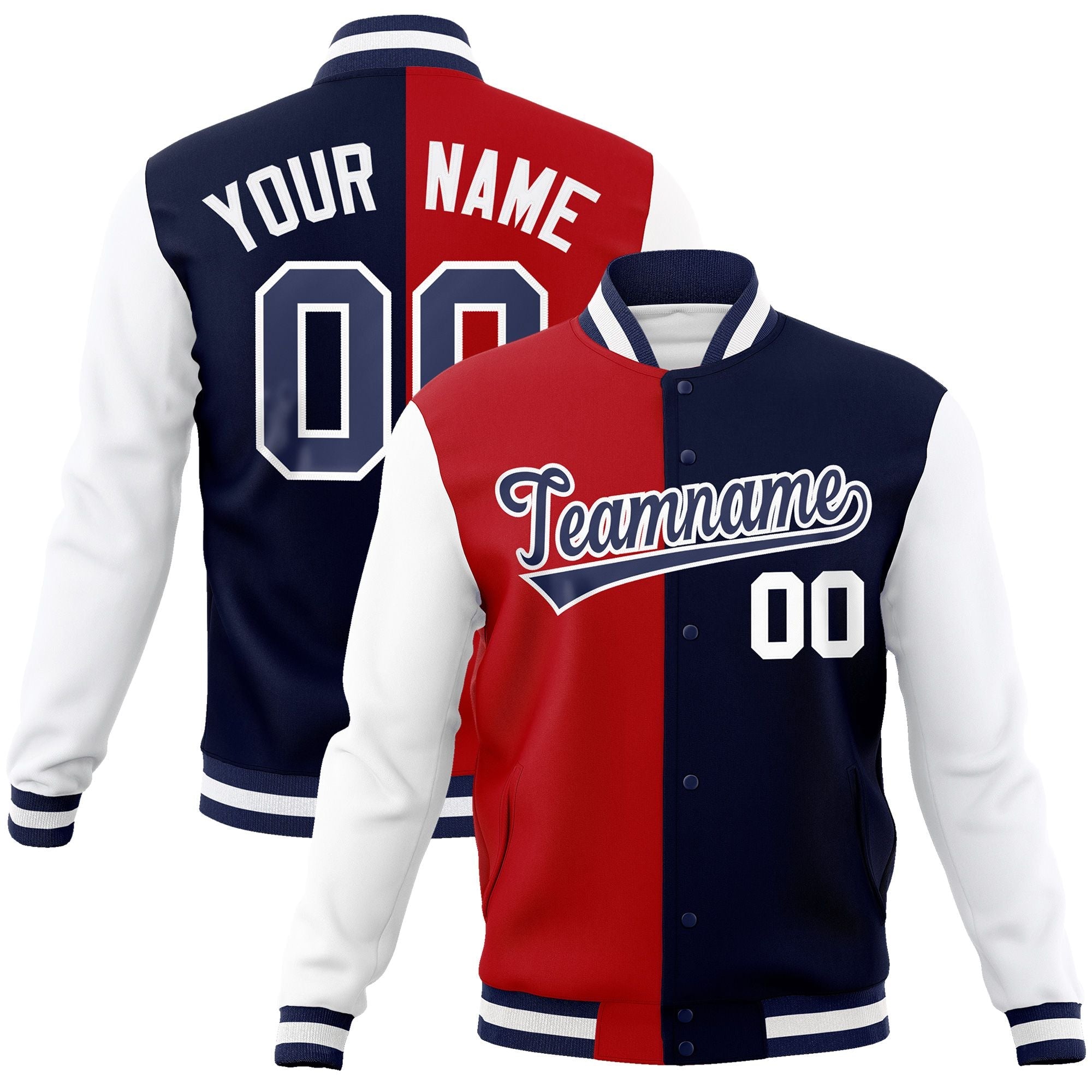 Custom Red Navy Varsity Full-Snap Letterman Two Tone Split Fashion Jacket