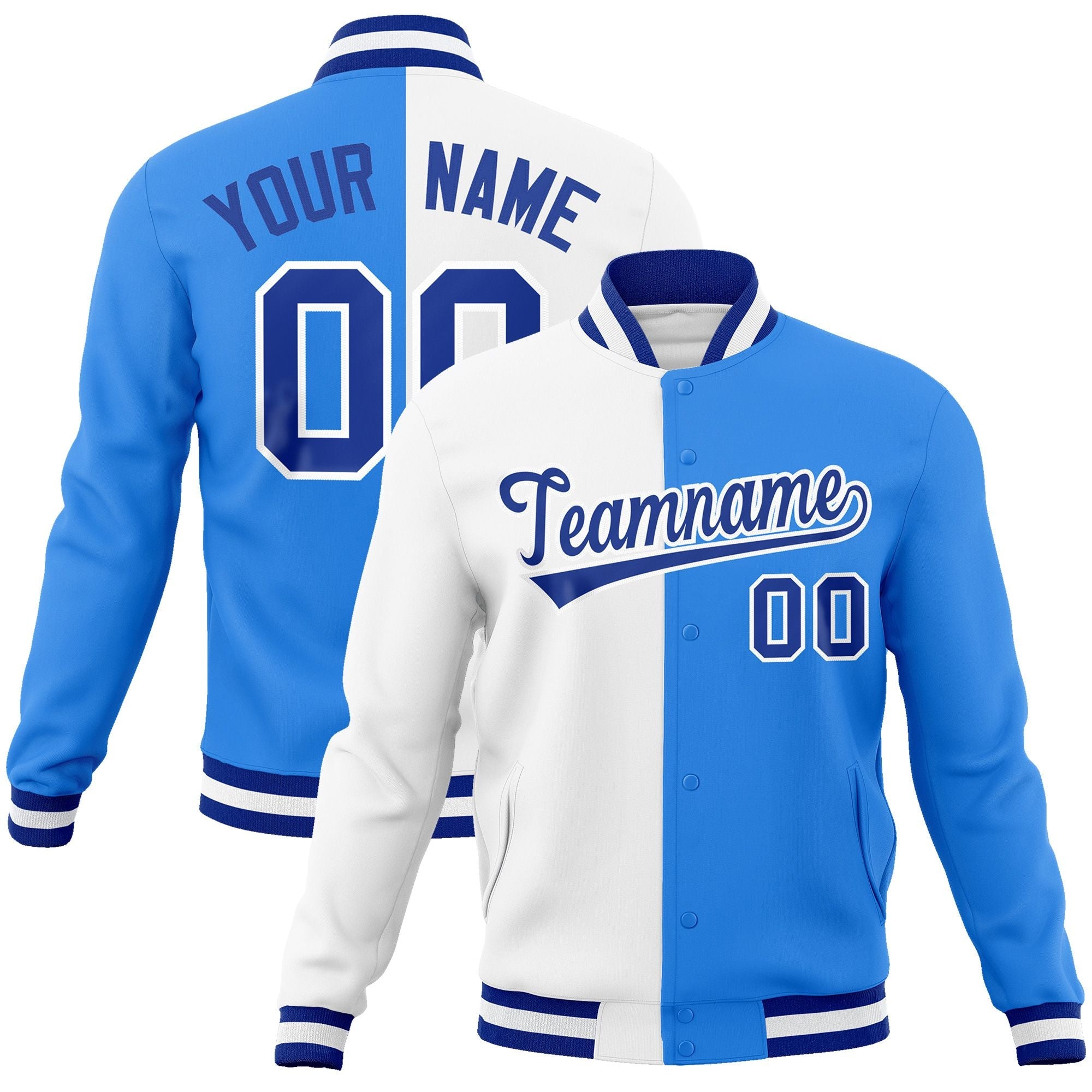 Custom White Powder Blue-Royal Varsity Full-Snap Letterman Two Tone Split Fashion Jacket