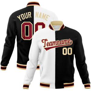 Custom White Black-Crimson Varsity Full-Snap Letterman Two Tone Split Fashion Jacket