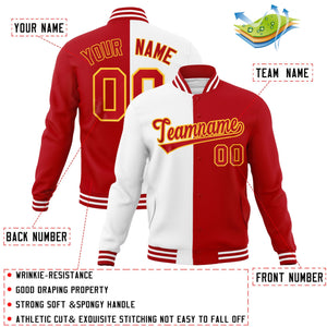 Custom White Red-Red Varsity Full-Snap Letterman Two Tone Split Fashion Jacket