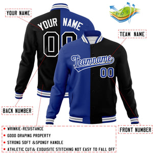 Custom Royal Black-Royal Varsity Full-Snap Letterman Veste de mode fendue bicolore