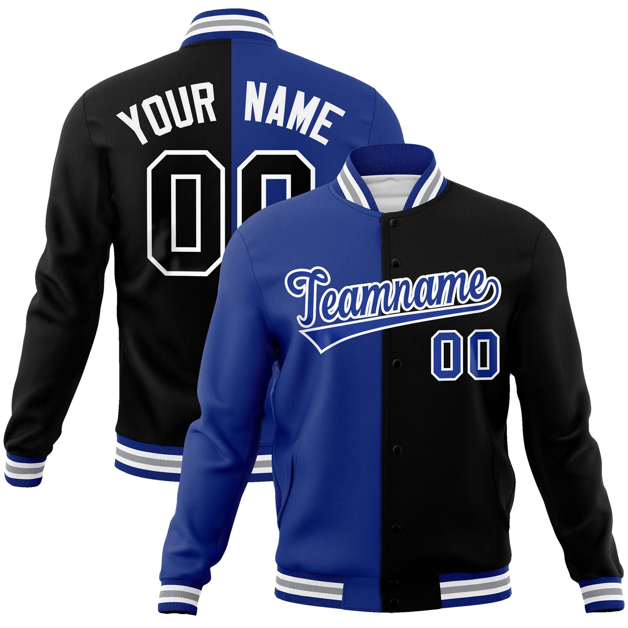 Custom Royal Black-Royal Varsity Full-Snap Letterman Two Tone Split Fashion Jacket