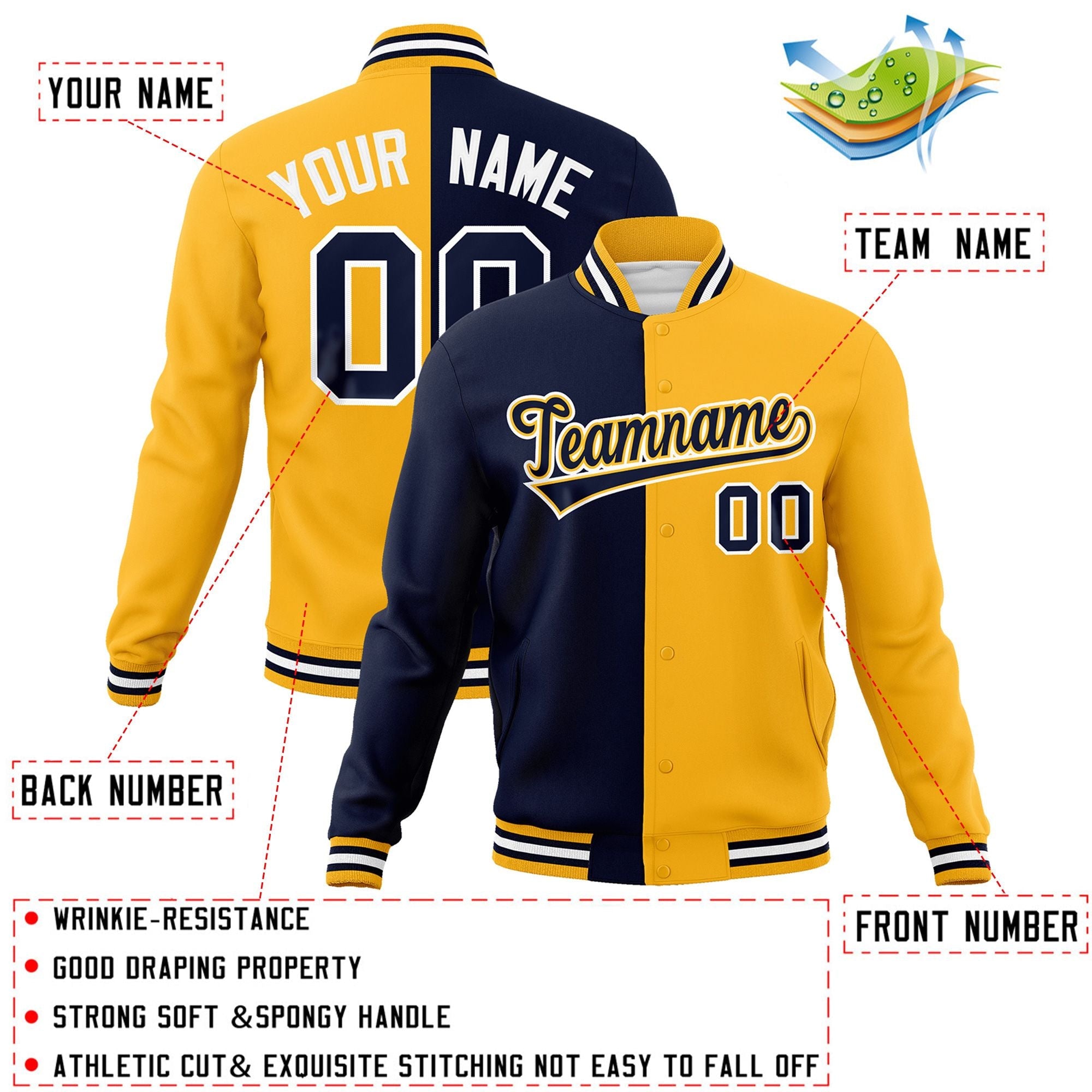 Custom Navy Yellow-Navy Varsity Full-Snap Letterman Two Tone Split Fashion Jacket