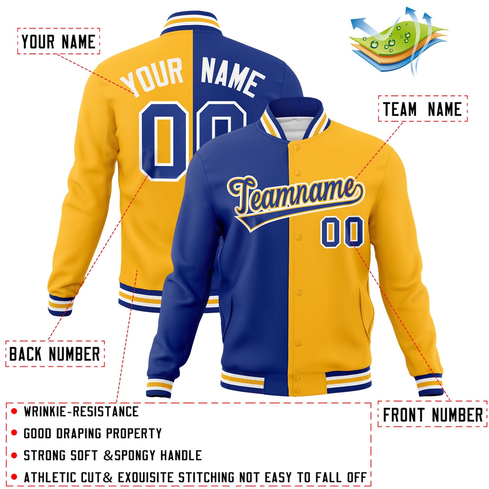 Custom Royal Yellow-Royal Varsity Full-Snap Letterman Two Tone Split Fashion Jacket