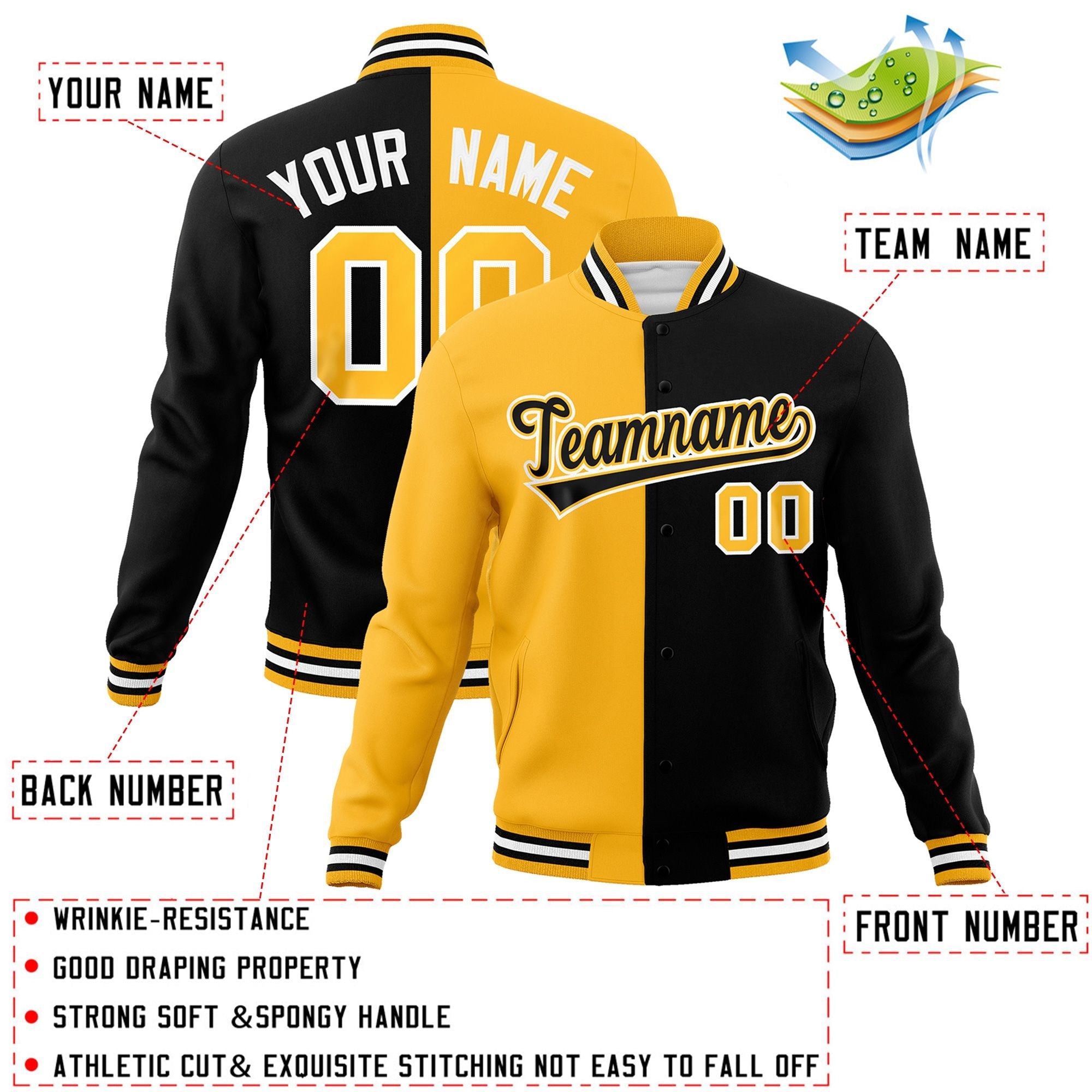 Custom Gold Black-Black Varsity Full-Snap Letterman Two Tone Split Fashion Jacket