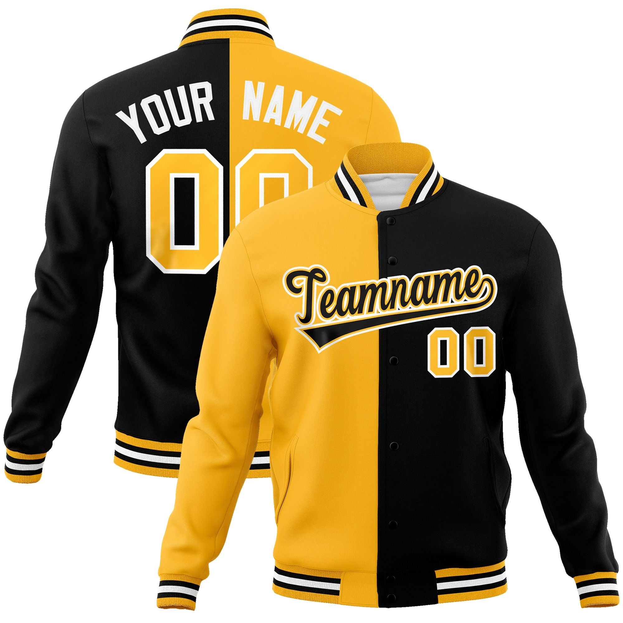 black and yellow varsity baseball full-snap two tone split fashion jackets