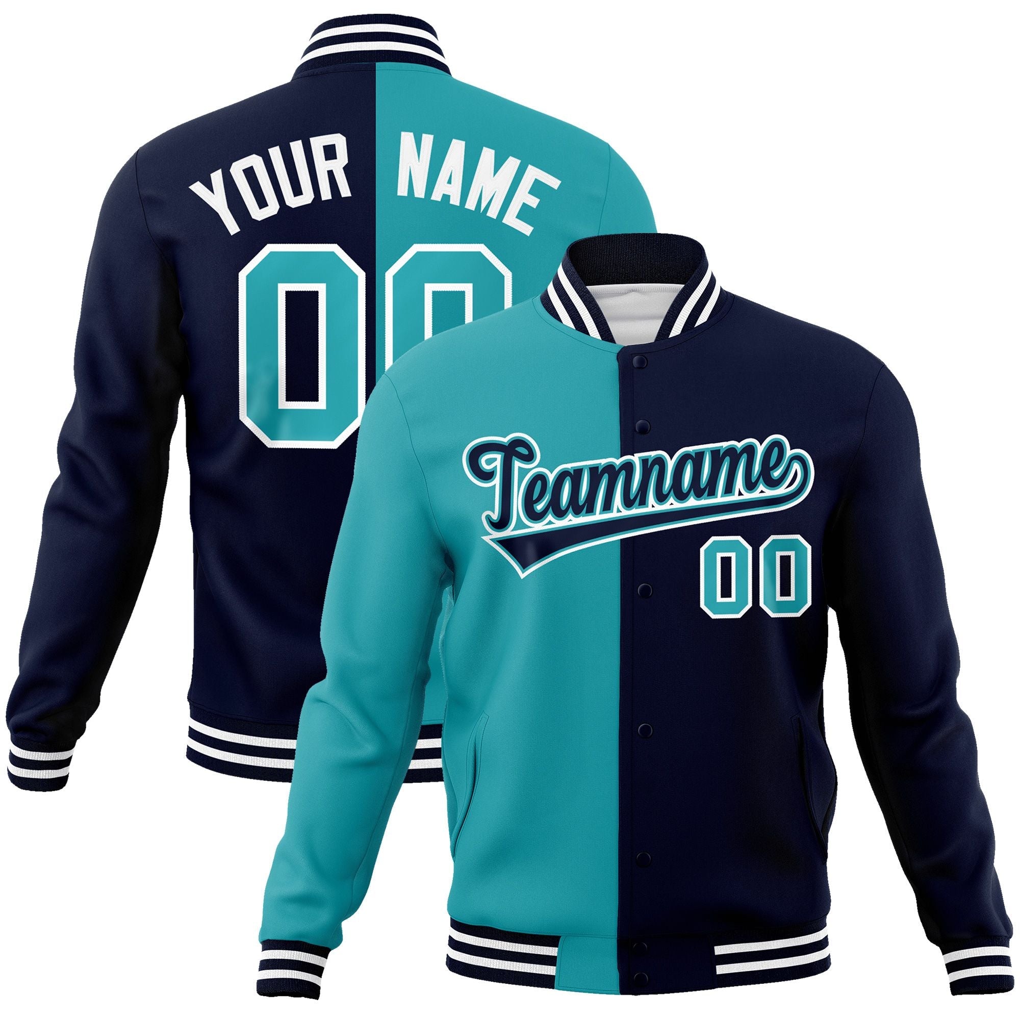 Custom Aqua Navy-Navy Varsity Full-Snap Letterman Two Tone Split Fashion Jacket