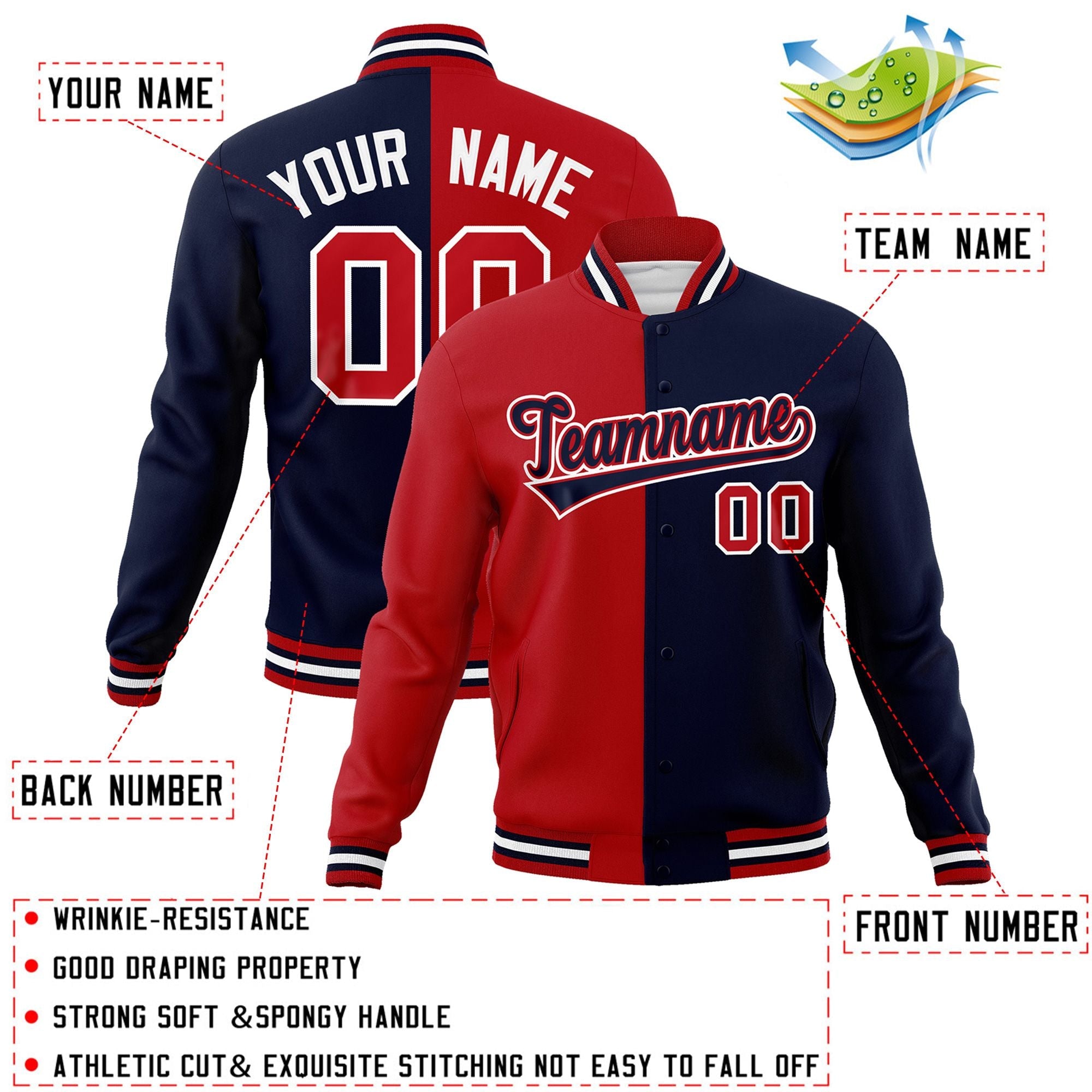 Custom Red Navy-Navy Varsity Full-Snap Letterman Two Tone Split Fashion Jacket