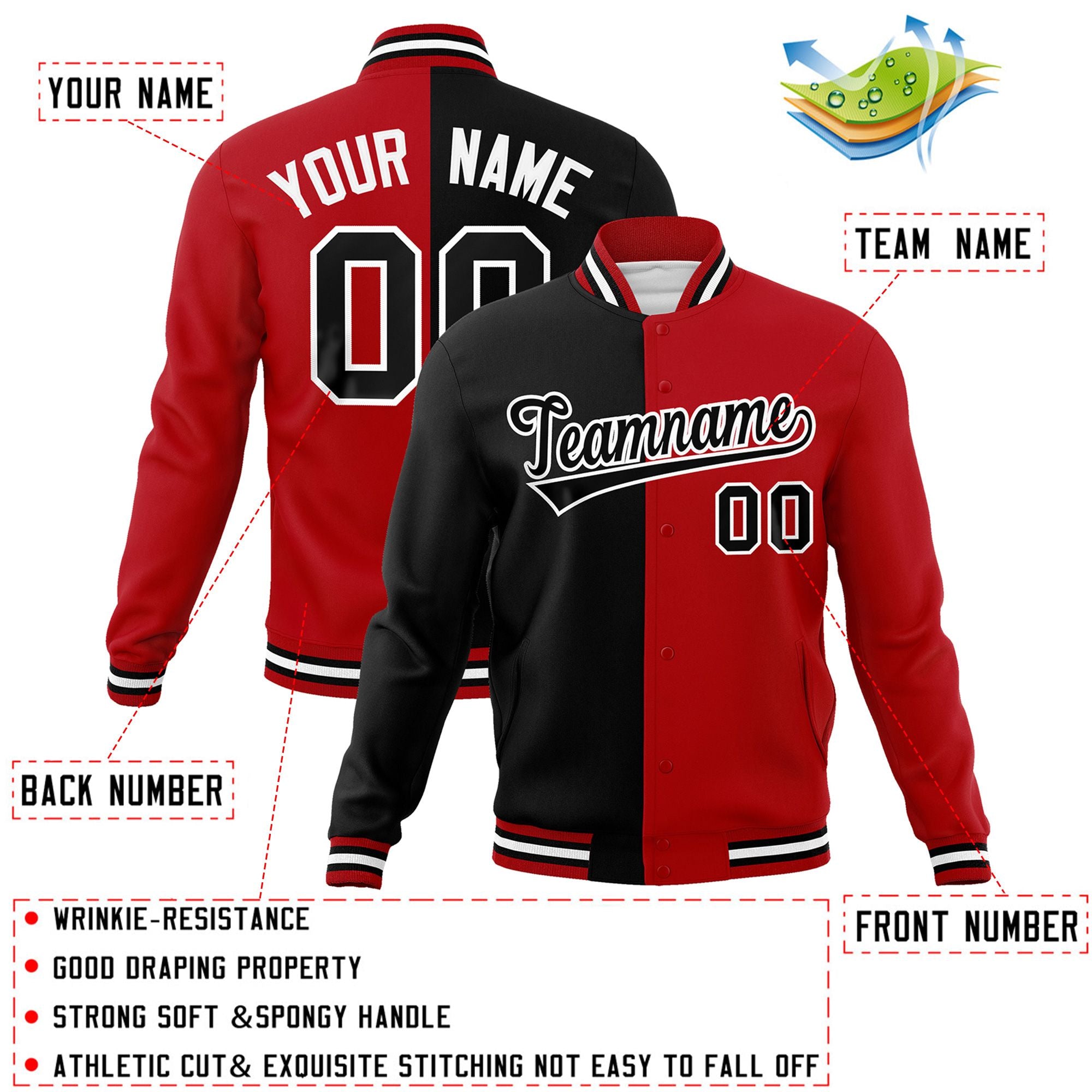 Custom Black Red-Black Varsity Full-Snap Letterman Two Tone Split Fashion Jacket