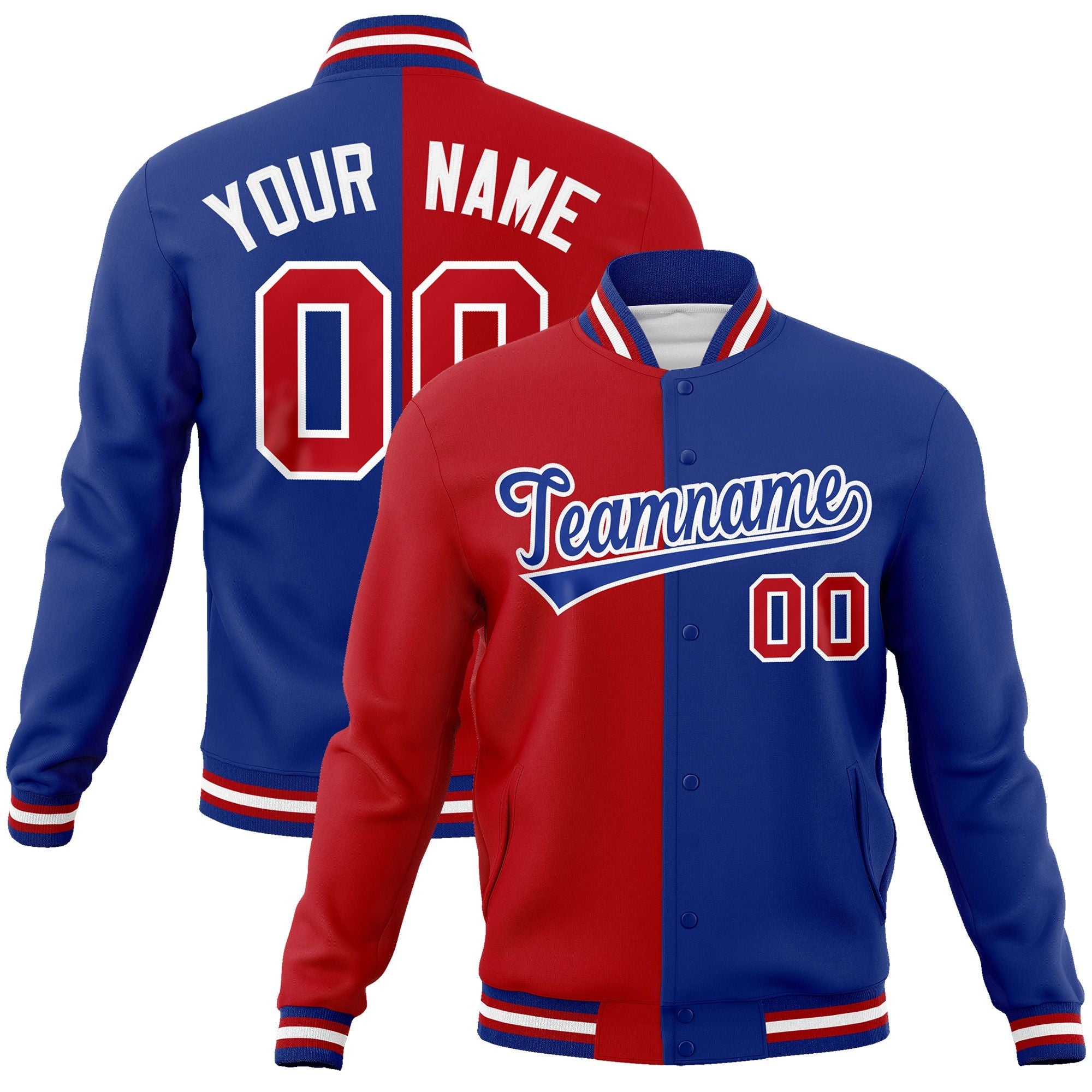 Custom Red Royal-Royal Varsity Full-Snap Letterman Two Tone Split Fashion Jacket