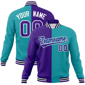 Veste de mode divisée à deux tons Purple Aqua-Purple Varsity Full-Snap Letterman personnalisée