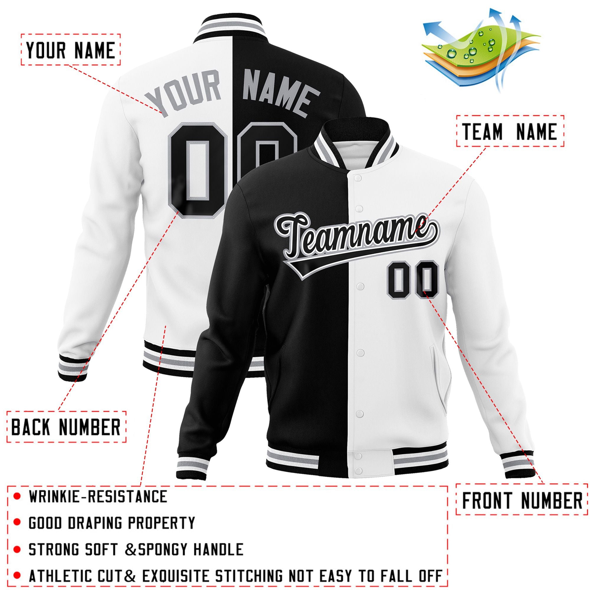 Veste de mode fendue bicolore personnalisée noir blanc-noir Varsity Full-Snap Letterman