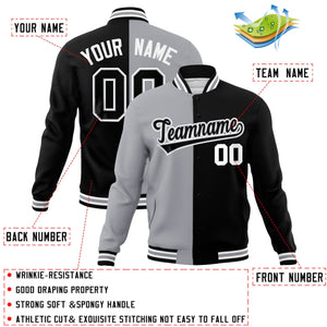 Custom Gray Black-Black Varsity Full-Snap Letterman Two Tone Split Fashion Jacket