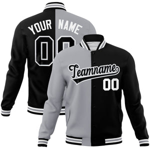 Custom Gray Black-Black Varsity Full-Snap Letterman Two Tone Split Fashion Jacket