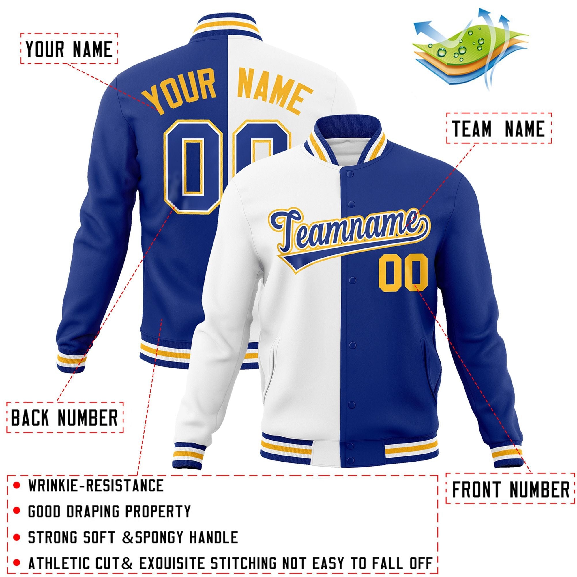 Custom White Royal-Royal Varsity Full-Snap Letterman Two Tone Split Fashion Jacket