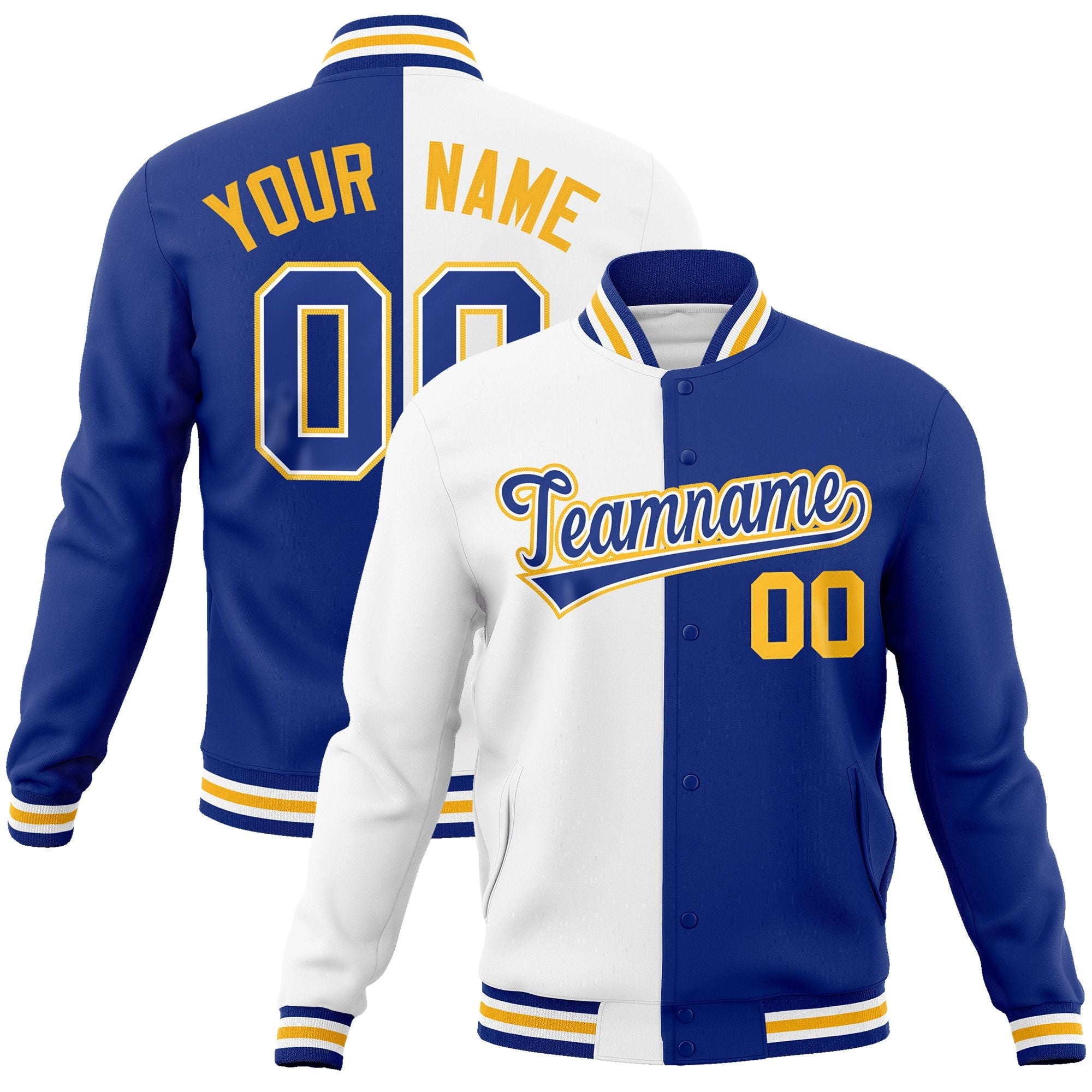 Custom White Royal-Royal Varsity Full-Snap Letterman Two Tone Split Fashion Jacket