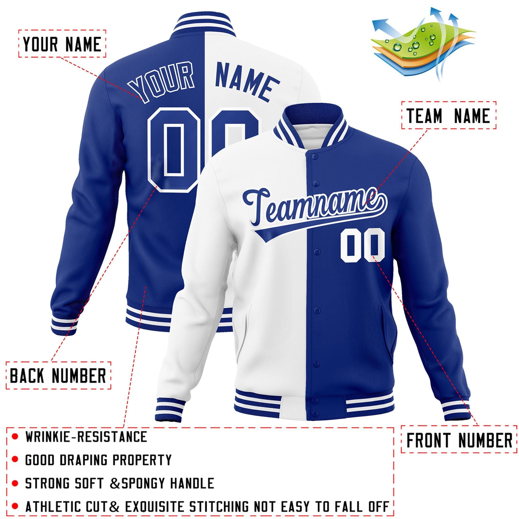 Veste de mode fendue bicolore Royal-Royal Varsity Full-Snap Letterman personnalisée blanche