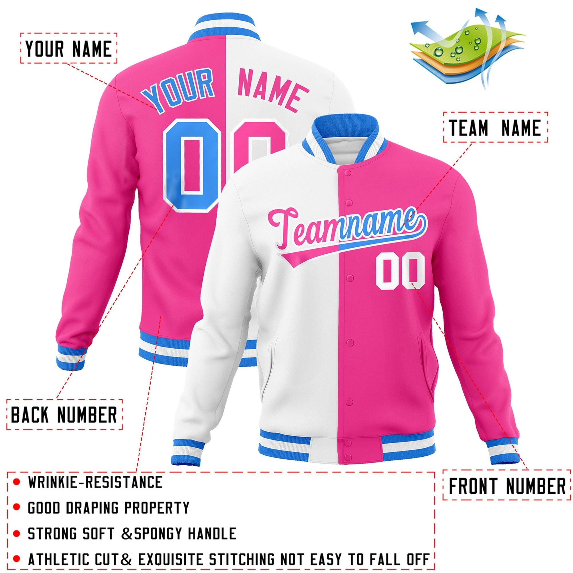 Veste de mode fendue bicolore personnalisée blanc rose-rose Varsity Full-Snap Letterman