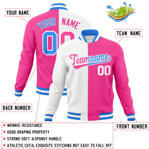 Veste de mode fendue bicolore personnalisée blanc rose-rose Varsity Full-Snap Letterman