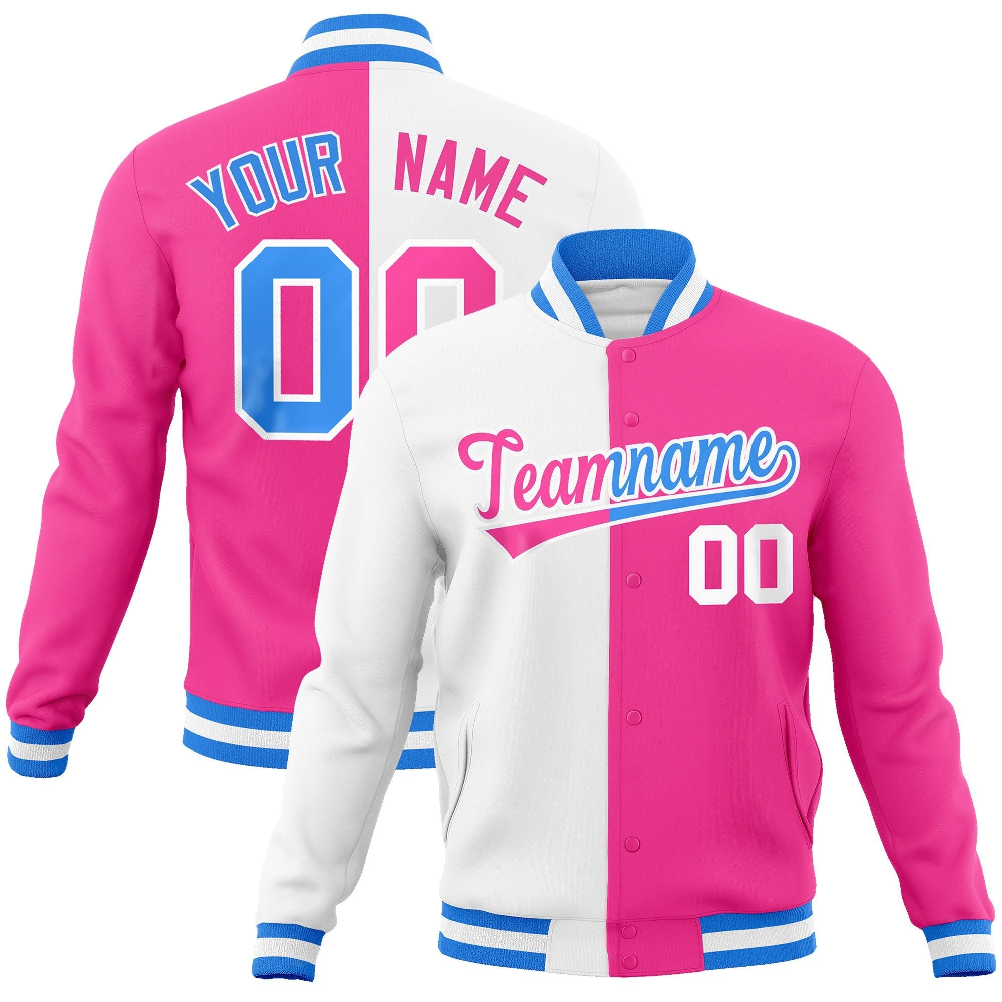 Custom White Pink-Pink Varsity Full-Snap Letterman Two Tone Split Fashion Jacket