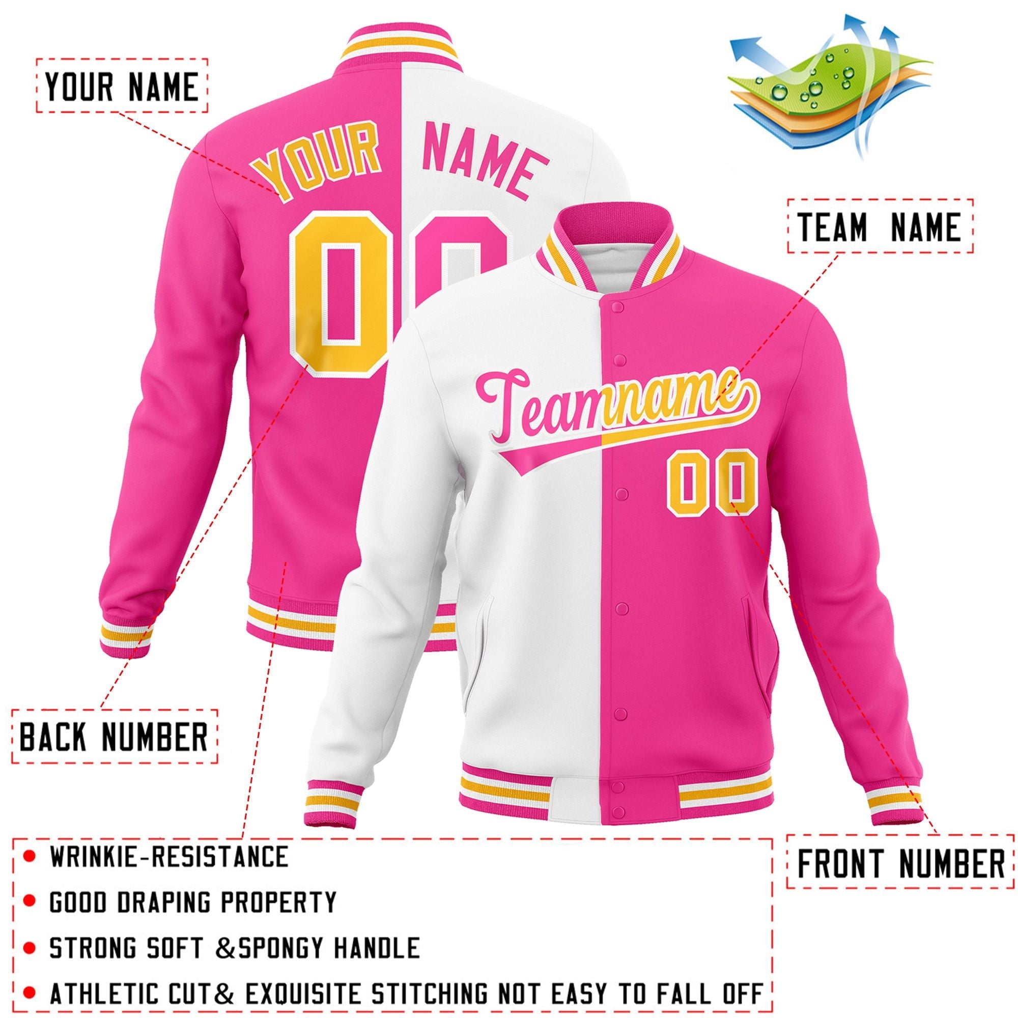 Veste de mode fendue bicolore personnalisée blanc rose-rose Varsity Full-Snap Letterman