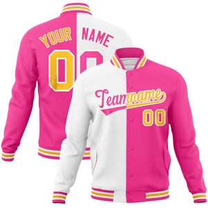 Custom White Pink-Pink Varsity Full-Snap Letterman Two Tone Split Fashion Jacket