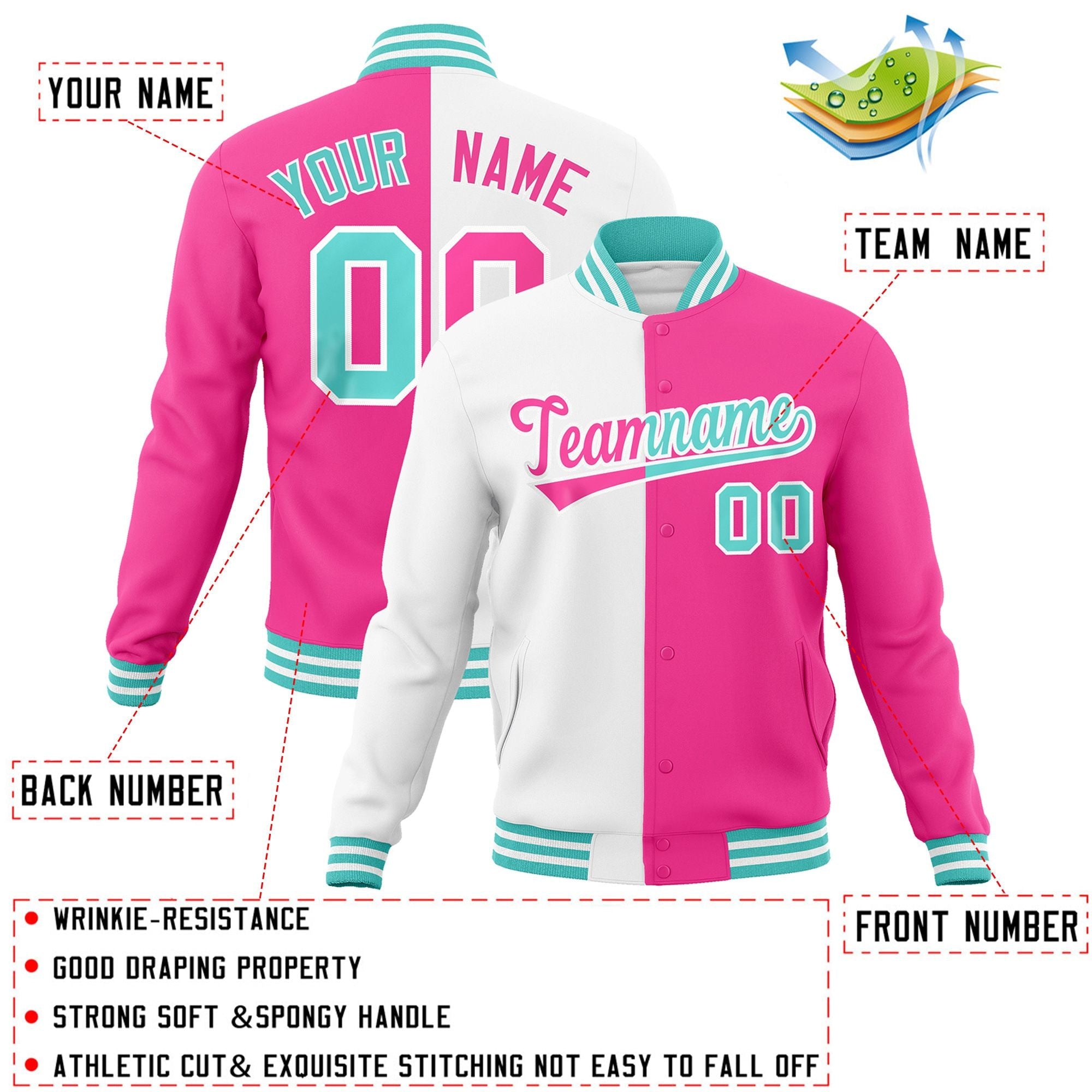 Veste de mode fendue bicolore personnalisée blanc rose-rose Varsity Full-Snap Letterman