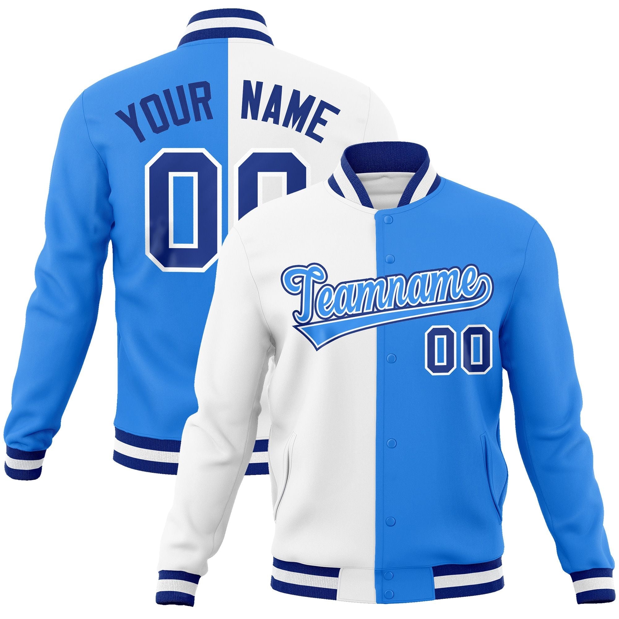 Custom White Powder Blue-Powder Blue Varsity Full-Snap Letterman Two Tone Split Fashion Jacket