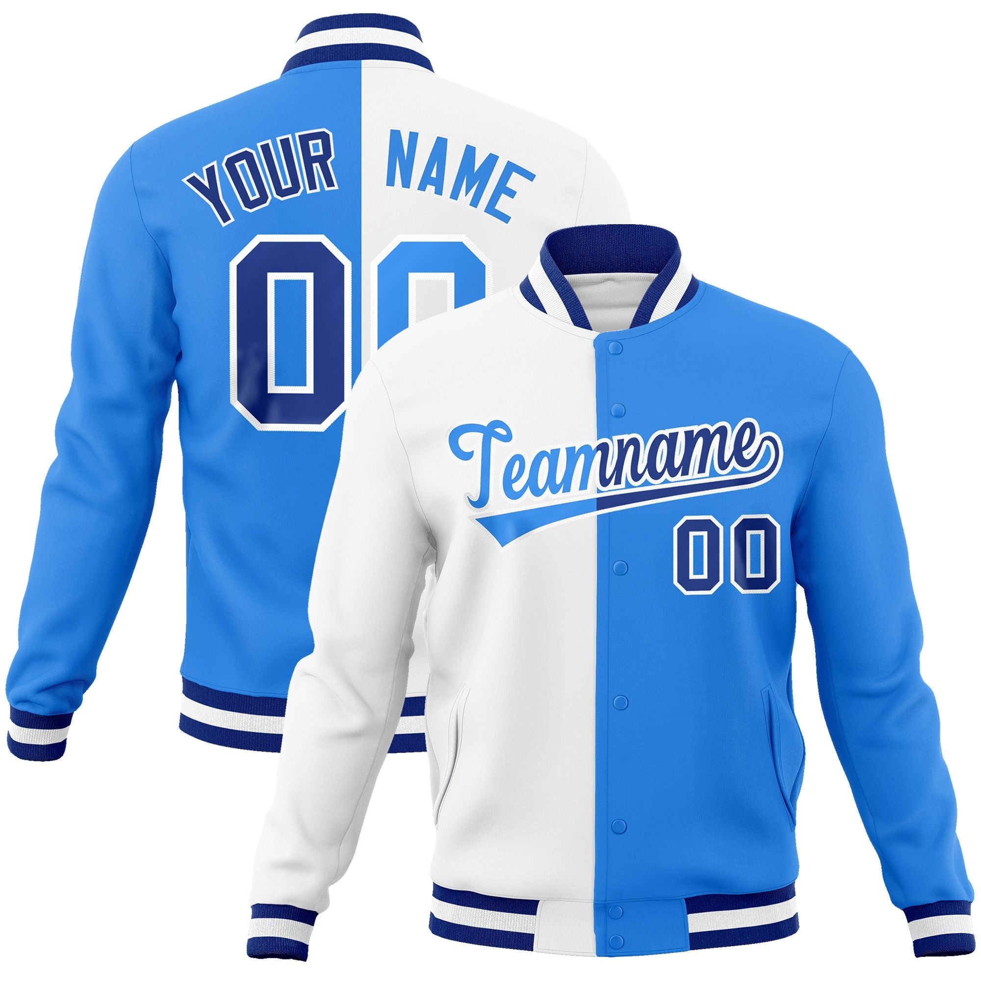 Custom White Powder Blue-Powder Blue Varsity Full-Snap Letterman Two Tone Split Fashion Jacket