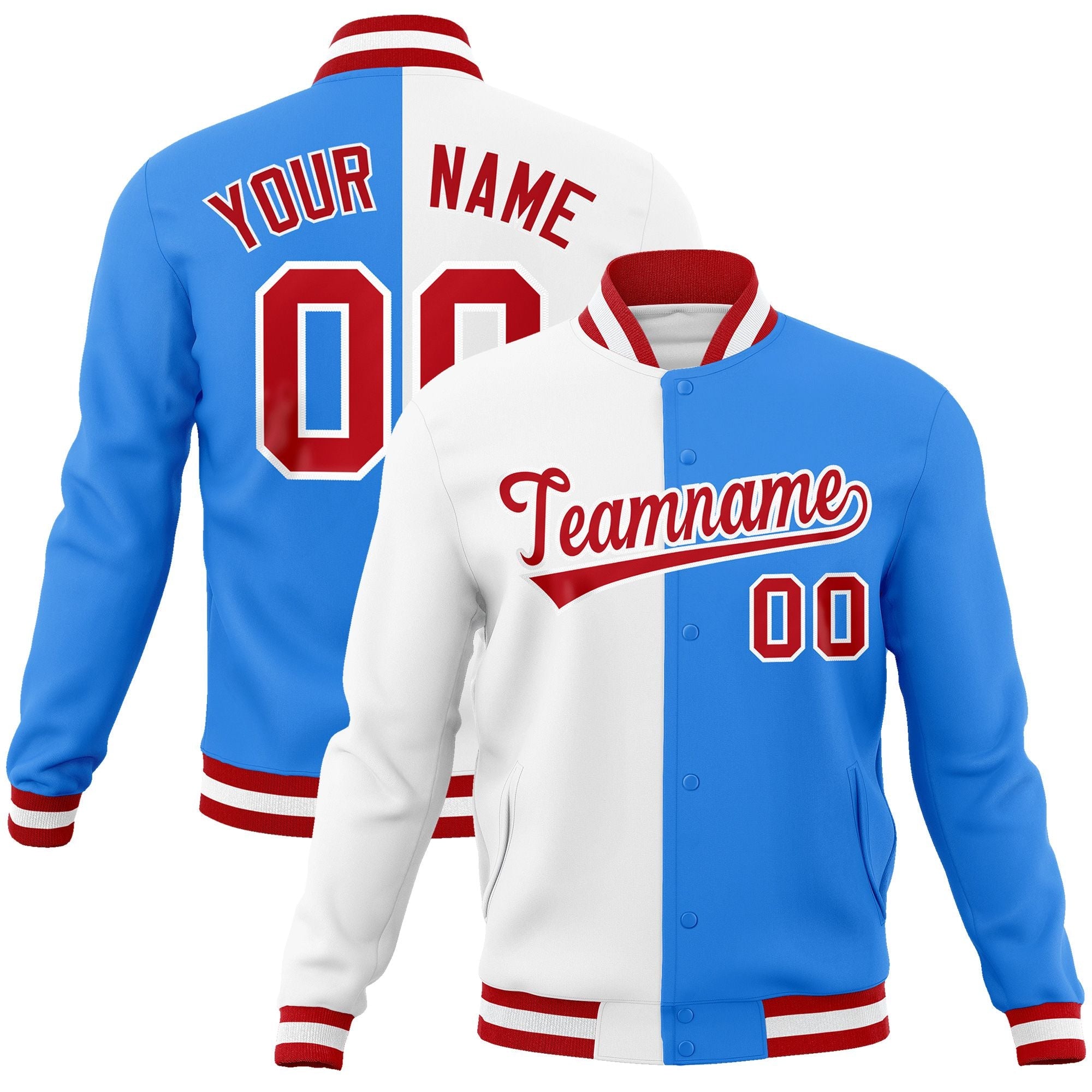 Custom White Powder Blue-Red Varsity Full-Snap Letterman Two Tone Split Fashion Jacket